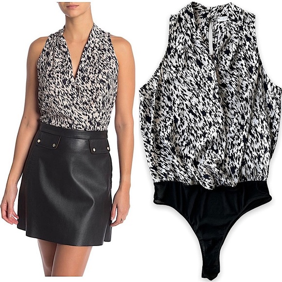 NWT LUSH Black & Ivory Perfect Sleeveless Wrap Bodysuit Size Small - Picture 2 of 12